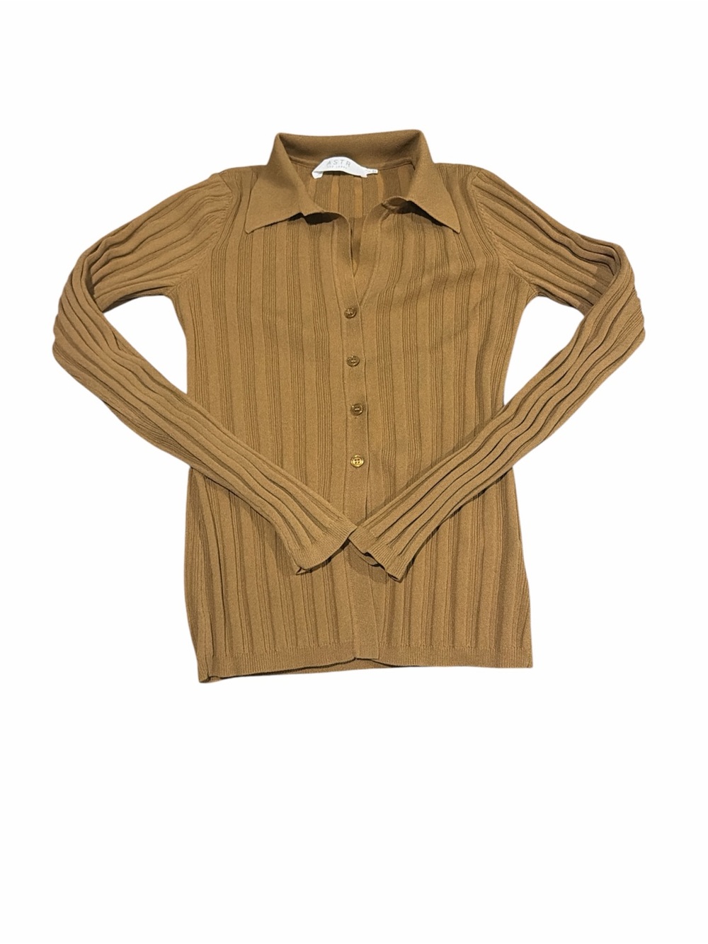 Ribbed Button-Front Polo Cardigan - Camel/Tan